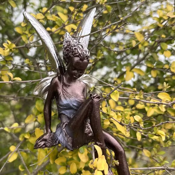 Elf Sitting Resin Figurine Silvery Wings & Curls in Her Hair Bronze *Last one* - Picture 5 of 5